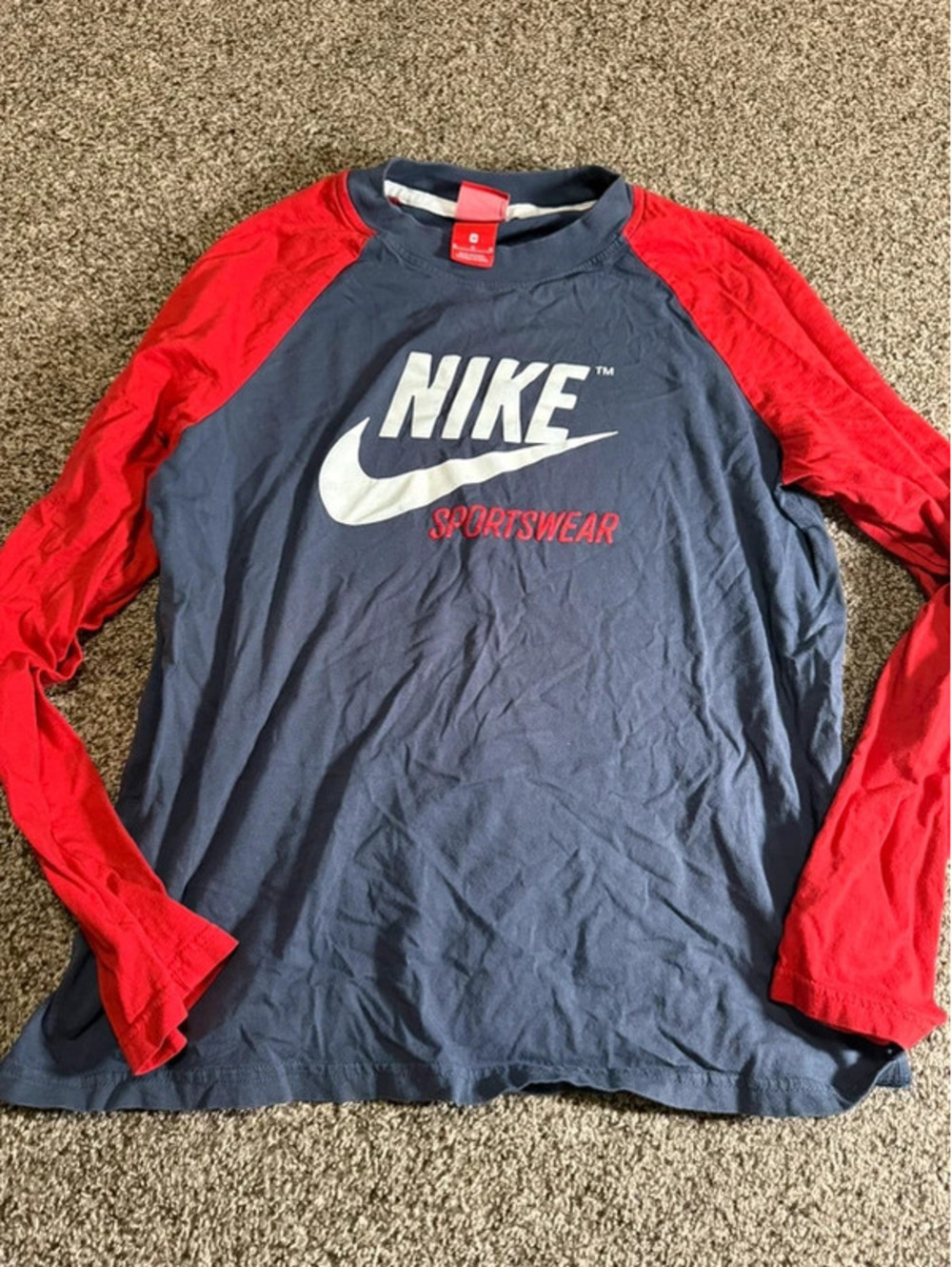 Vintage Y2K Nike Sportswear Long Sleeve Shirt Red Navy Raglan Swoosh Logo